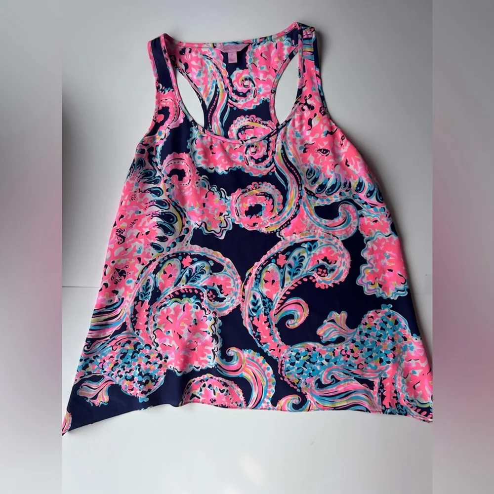 Lilly Pulitzer silk paisley Pink and Black Cut Out Tank Top shirt m - Picture 2 of 6